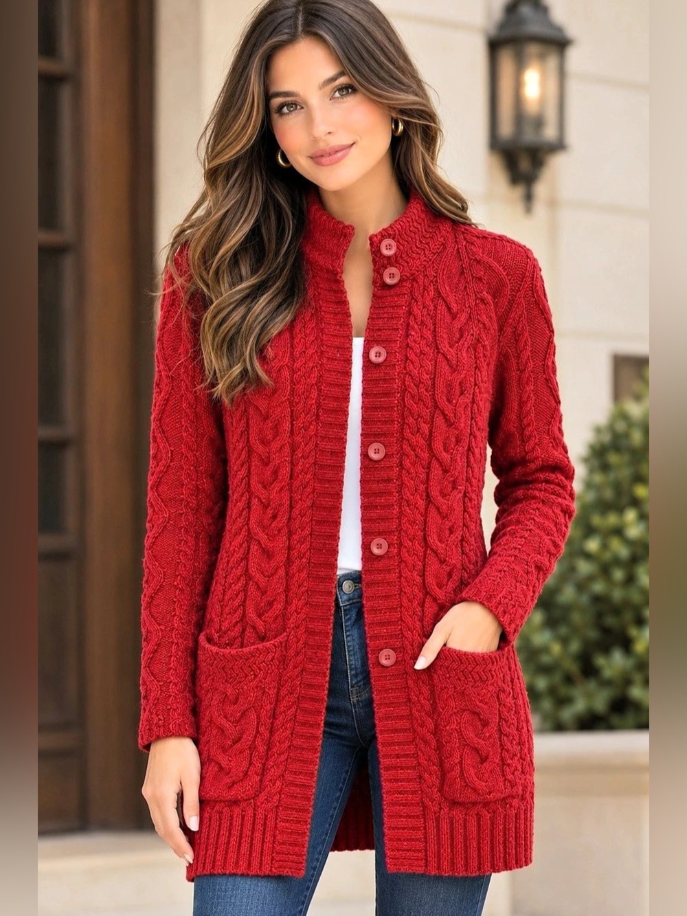 100% Pure Wool Woolovers Cable Knit Cardigan Sweater in Red Size Small Like New